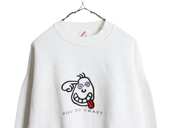 90s USA製 アート イラスト 刺繍 スウェット メンズ XL 90年代 オールド 当時物 キャラクター メッセージ ヘビーウェイト 大きいサイズ 白