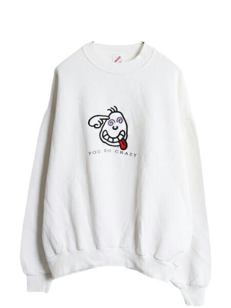 90s USA製 アート イラスト 刺繍 スウェット メンズ XL 90年代 オールド 当時物 キャラクター メッセージ ヘビーウェイト 大きいサイズ 白