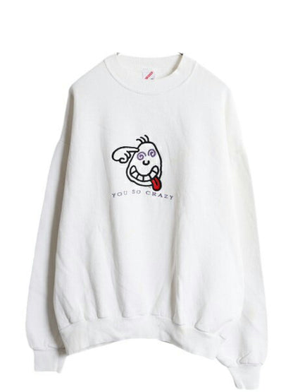 90s USA製 アート イラスト 刺繍 スウェット メンズ XL 90年代 オールド 当時物 キャラクター メッセージ ヘビーウェイト 大きいサイズ 白