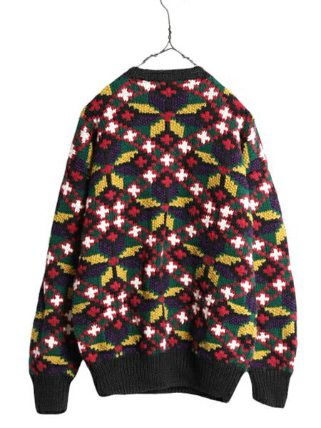 手編み 90s 総柄 ニット セーター メンズ S 古着 90年代 オールド ハンドメイド コットン ラミー ヘビーウェイト マルチカラー 3D 立体編み