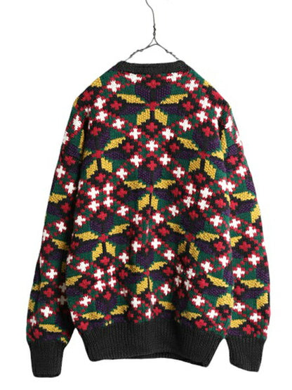 手編み 90s 総柄 ニット セーター メンズ S 古着 90年代 オールド ハンドメイド コットン ラミー ヘビーウェイト マルチカラー 3D 立体編み