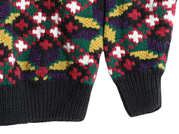 手編み 90s 総柄 ニット セーター メンズ S 古着 90年代 オールド ハンドメイド コットン ラミー ヘビーウェイト マルチカラー 3D 立体編み
