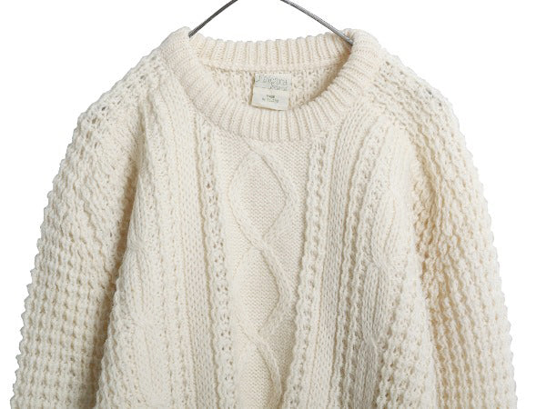 アイルランド製 フィッシャーマン ニット セーター メンズ XL 古着 アラン ヘビーウェイト ウール ケーブル 無地 ナチュラル 大きいサイズ