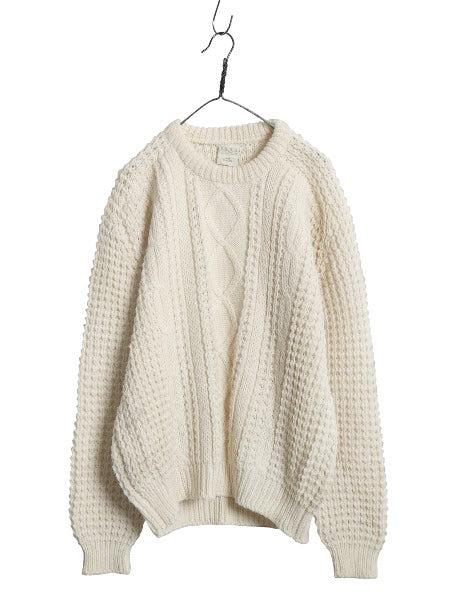 アイルランド製 フィッシャーマン ニット セーター メンズ XL 古着 アラン ヘビーウェイト ウール ケーブル 無地 ナチュラル 大きいサイズ