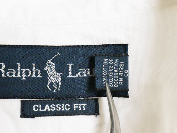 00s ラルフローレン 長袖 ボタンダウン シャツ メンズ L 程 オールド ポロ オックスフォード CLASSIC FIT ワンポイント ポニー刺繍 白 無地
