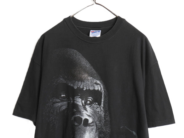 90s USA製  ゴリラ 大判 アート イラスト プリント Tシャツ メンズ XL オールド アニマル グラフィック シングルステッチ 大きいサイズ 黒