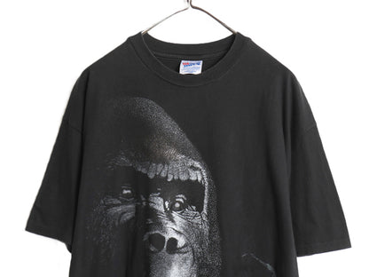 90s USA製  ゴリラ 大判 アート イラスト プリント Tシャツ メンズ XL オールド アニマル グラフィック シングルステッチ 大きいサイズ 黒