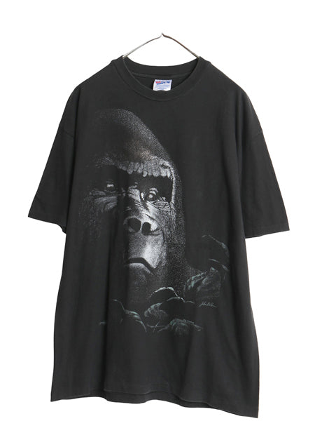 90s USA製  ゴリラ 大判 アート イラスト プリント Tシャツ メンズ XL オールド アニマル グラフィック シングルステッチ 大きいサイズ 黒
