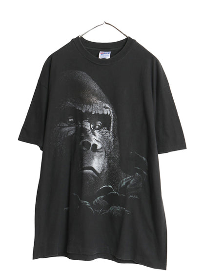 90s USA製  ゴリラ 大判 アート イラスト プリント Tシャツ メンズ XL オールド アニマル グラフィック シングルステッチ 大きいサイズ 黒