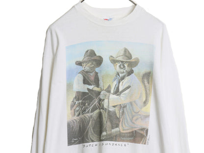 90s ネコ イラスト プリント 長袖 Tシャツ メンズ XL / オールド ロンT 映画 ムービー パロディ アニマル グラフィック シングルステッチ 