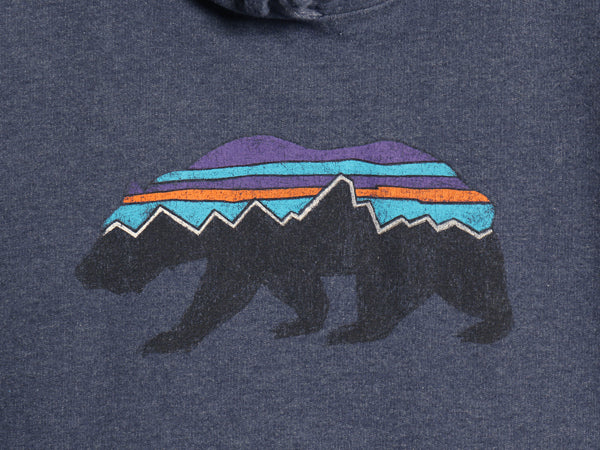 パタゴニア プリント スウェット フード パーカー レディース L / 18年製 アウトドア トレーナー プルオーバー フィッツロイ ベア ネイビー