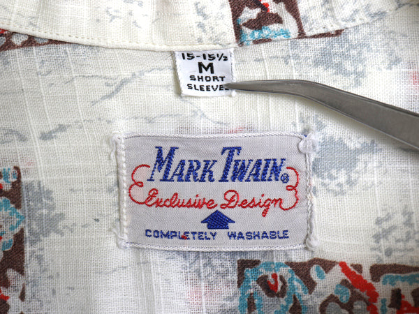 50s ★ Mark Twain オープンカラー 半袖 シャツ メンズ M / ヴィンテージ 開襟 ボックス コットン カスリ アトミック 幾何学模様 総柄 白