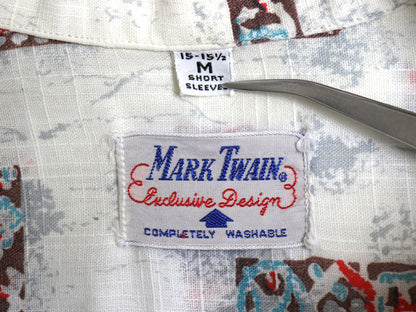 50s ★ Mark Twain オープンカラー 半袖 シャツ メンズ M / ヴィンテージ 開襟 ボックス コットン カスリ アトミック 幾何学模様 総柄 白
