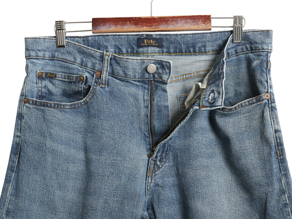 ポロ ラルフローレン デニム パンツ メンズ 実寸 36 32 古着 ヴィンテージ 加工 ジーンズ ジーパン ストレート ヒゲ アタリ 革パッチ Gパン