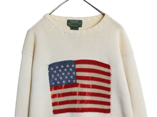80s 90s ★ ポロカントリー ラルフローレン 星条旗 コットン ニット セーター レディース メンズ M / ヴィンテージ ポロ クルーネック 白