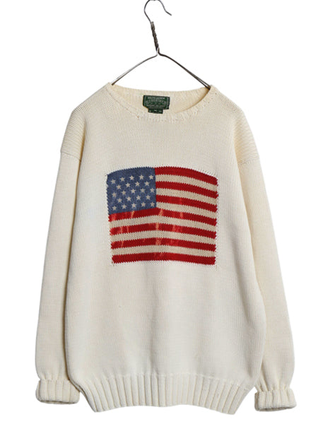 80s 90s ★ ポロカントリー ラルフローレン 星条旗 コットン ニット セーター レディース メンズ M / ヴィンテージ ポロ クルーネック 白