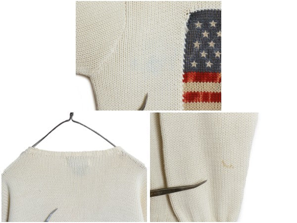 80s 90s ★ ポロカントリー ラルフローレン 星条旗 コットン ニット セーター レディース メンズ M / ヴィンテージ ポロ クルーネック 白