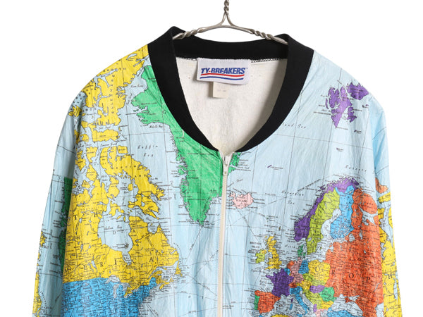 90s USA製 ★ 世界地図 総柄 ペーパー ジャケット メンズ L / オールド 当時物 フルジップ 紙ジャケ ブルゾン ポケット付き マルチカラー