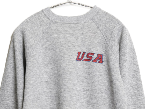 80s USA製 チャンピオン 染込み プリント スウェット メンズ S レディース M 小さめ ヴィンテージ 裏起毛 トレーナー ワンポイント グレー