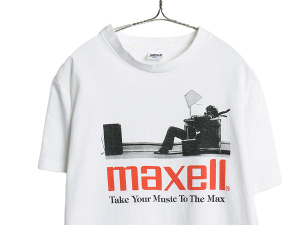 90s USA製 ★ maxell イラスト プリント Tシャツ メンズ L / 古着 オールド 企業物 当時物 シングルステッチ グラフィック ロゴ 白 anvil