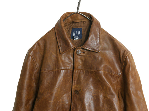 00s オールド ギャップ 本革 レザー カーコート メンズ L / 古着 革ジャン ジャケット ハーフ コート 中綿 キルティング ライナー付き 茶
