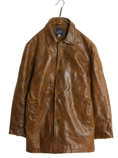 00s オールド ギャップ 本革 レザー カーコート メンズ L / 古着 革ジャン ジャケット ハーフ コート 中綿 キルティング ライナー付き 茶
