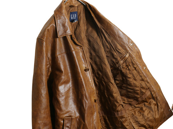 00s オールド ギャップ 本革 レザー カーコート メンズ L / 古着 革ジャン ジャケット ハーフ コート 中綿 キルティング ライナー付き 茶