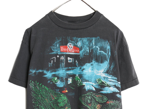 90s USA製 ★ バドワイザー カエル カメレオン イラスト プリント Tシャツ メンズ L グラフィック ビール 企業物 当時物 アニマル ブラック