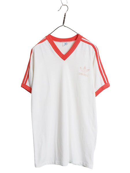 80s USA製 アディダス トレフォイル プリント 半袖 リンガー Tシャツ メンズ L / ヴィンテージ Vネック シングルステッチ 3ライン ツートン