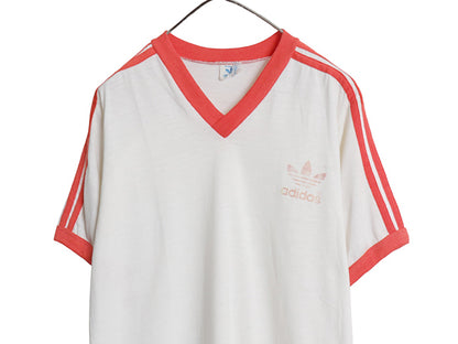 80s USA製 アディダス トレフォイル プリント 半袖 リンガー Tシャツ メンズ L / ヴィンテージ Vネック シングルステッチ 3ライン ツートン