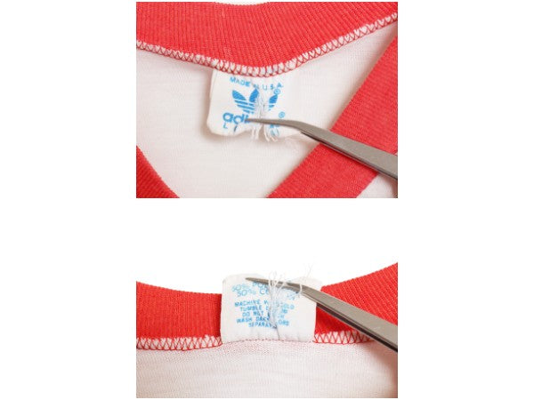 80s USA製 アディダス トレフォイル プリント 半袖 リンガー Tシャツ メンズ L / ヴィンテージ Vネック シングルステッチ 3ライン ツートン