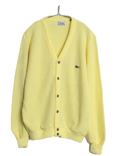 70s USA製 ラコステ アクリル ニット カーディガン メンズ レディース M 古着 ヴィンテージ 羽織り 前開き セーター ワンポイント イエロー
