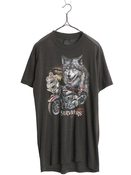 80s USA製 ★ 3Dエンブレム ハーレー ダビッドソン ウルフ イラスト プリント Tシャツ メンズ M / ヴィンテージ 当時物 バイク アニマル 黒