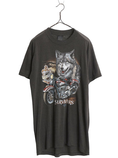 80s USA製 ★ 3Dエンブレム ハーレー ダビッドソン ウルフ イラスト プリント Tシャツ メンズ M / ヴィンテージ 当時物 バイク アニマル 黒