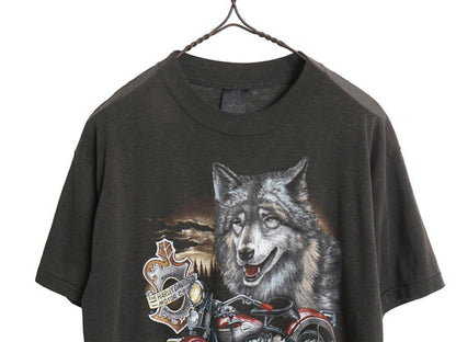 80s USA製 ★ 3Dエンブレム ハーレー ダビッドソン ウルフ イラスト プリント Tシャツ メンズ M / ヴィンテージ 当時物 バイク アニマル 黒