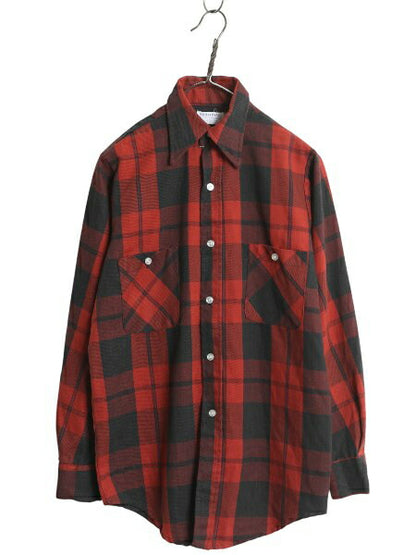 70s USA製 NORTHWAY チェック 長袖 シャツ メンズ M 古着 ヴィンテージ ヘビーウェイト コットン ツイル ポケット付き バッファロー 黒 赤