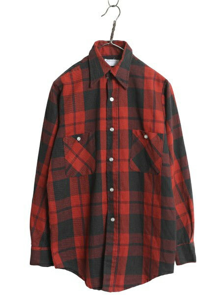 70s USA製 NORTHWAY チェック 長袖 シャツ メンズ M 古着 ヴィンテージ ヘビーウェイト コットン ツイル ポケット付き バッファロー 黒 赤