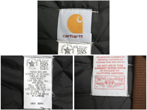 00s USA製 カーハート 中綿 ダック ベスト メンズ XL オールド フルジップ ナイロン キルティング ライナー 前開き 重ね着 腰ゴム 企業 茶