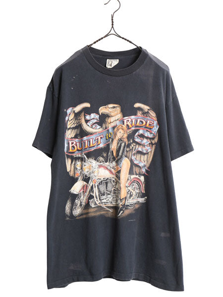 90s USA製 ★ CMJ 3Dエンブレム ピンナップガール イラスト プリント Tシャツ メンズ L オールド 当時物 ハーレー ダビッドソン バイク 黒