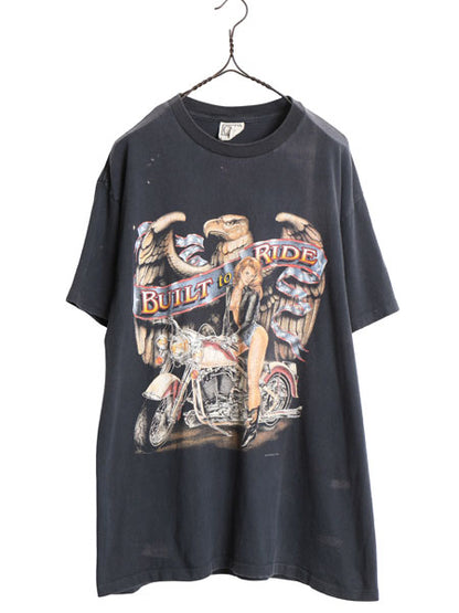 90s USA製 ★ CMJ 3Dエンブレム ピンナップガール イラスト プリント Tシャツ メンズ L オールド 当時物 ハーレー ダビッドソン バイク 黒