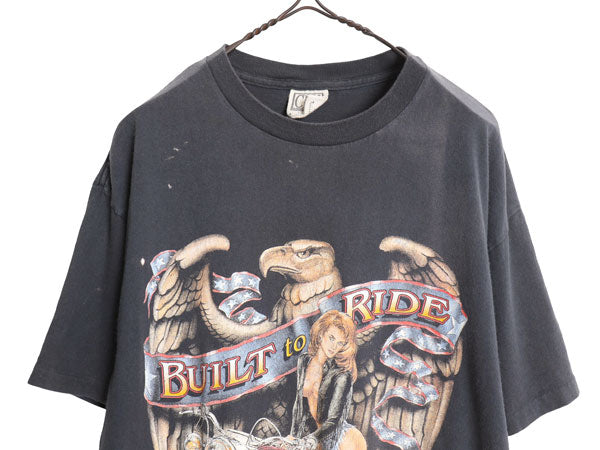 90s USA製 ★ CMJ 3Dエンブレム ピンナップガール イラスト プリント Tシャツ メンズ L オールド 当時物 ハーレー ダビッドソン バイク 黒