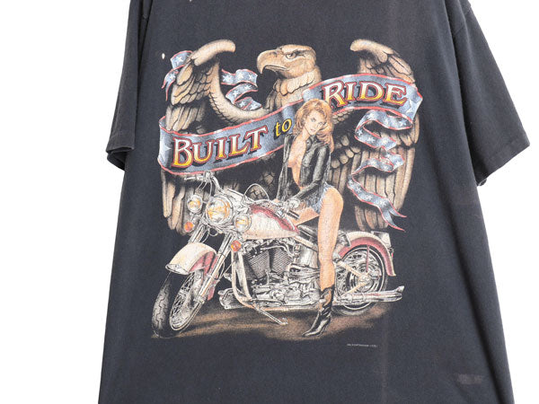 90s USA製 ★ CMJ 3Dエンブレム ピンナップガール イラスト プリント Tシャツ メンズ L オールド 当時物 ハーレー ダビッドソン バイク 黒