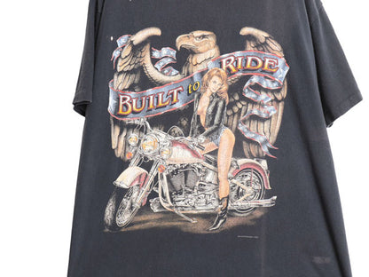 90s USA製 ★ CMJ 3Dエンブレム ピンナップガール イラスト プリント Tシャツ メンズ L オールド 当時物 ハーレー ダビッドソン バイク 黒
