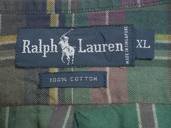 90s ラルフローレン フランネル 長袖 ボタンダウン シャツ メンズ XL 古着 オールド ポロ チェック ワンポイント ネルシャツ 大きいサイズ