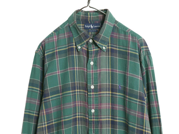 90s ラルフローレン フランネル 長袖 ボタンダウン シャツ メンズ XL 古着 オールド ポロ チェック ワンポイント ネルシャツ 大きいサイズ