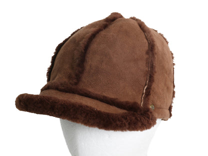 UGG シープスキン キャップ レディース S / 本革 レザー ムートン 帽子 ワンポイント シンプル 防寒 ボア 深め ハット もこもこ ブラウン