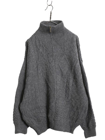 アイルランド製 aran crafts ハーフジップ ケーブル ニット セーター メンズ XL / ウール ローゲージ ハイネック 無地 大きいサイズ 濃灰