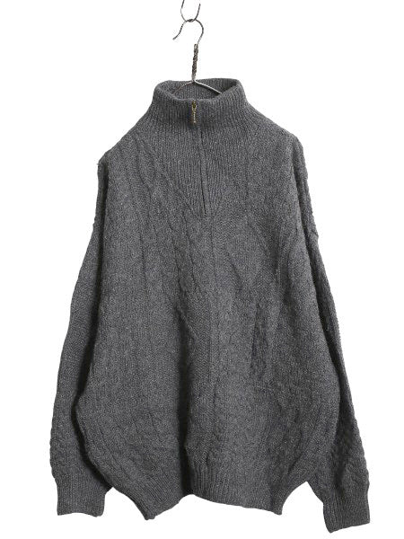 アイルランド製 aran crafts ハーフジップ ケーブル ニット セーター メンズ XL / ウール ローゲージ ハイネック 無地 大きいサイズ 濃灰