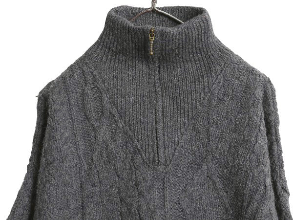 アイルランド製 aran crafts ハーフジップ ケーブル ニット セーター メンズ XL / ウール ローゲージ ハイネック 無地 大きいサイズ 濃灰