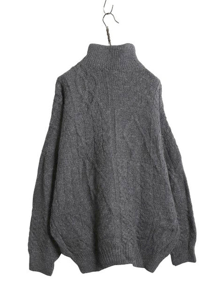 アイルランド製 aran crafts ハーフジップ ケーブル ニット セーター メンズ XL / ウール ローゲージ ハイネック 無地 大きいサイズ 濃灰